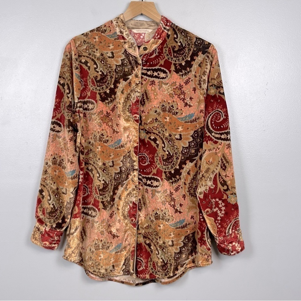 Soft Surroundings Montaigne Paisley Velvet Button Up mandarin collar shirt, M.